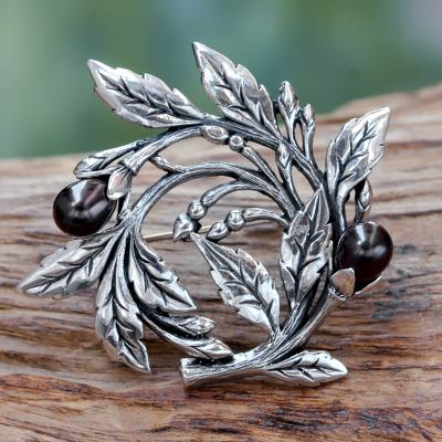 Cultured freshwater pearl brooch pin, 'Ebony Buds' - Sterling Silver Floral Brooch Pin with Cultured Black Pearls