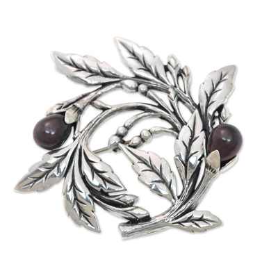 Cultured freshwater pearl brooch pin, 'Ebony Buds' - Sterling Silver Floral Brooch Pin with Cultured Black Pearls