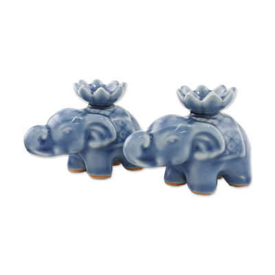Ceramic incense holders, 'Lotus Elephant in Blue' (pair) - Blue Ceramic Elephant with Lotus Incense Holders (Pair)