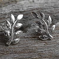 Sterling silver button earrings, 'Peaceful Leaves' - Sterling Silver Leaf Button Earrings from Thailand