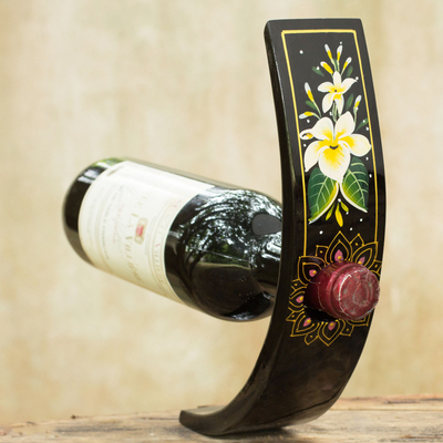 Lacquered wood wine bottle holder, 'White Plumeria' - Thai Handcrafted Flower Theme Wood Wine Bottle Holder