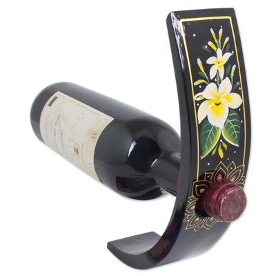 Lacquered wood wine bottle holder, 'White Plumeria' - Thai Handcrafted Flower Theme Wood Wine Bottle Holder