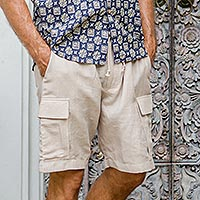 Shorts cargo de mezcla de lino, 'Spring Cool in Sand' - Shorts cargo de mezcla de lino con cordón