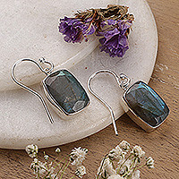 Labradorite dangle earrings, 'Darkening Mist' - 15 Carat Labradorite Earrings in Sterling Silver Bezels
