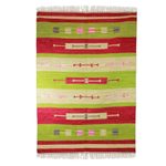 Wool dhurrie rug, 'Cherry Lime Geometry' (4x6) - Wool dhurrie rug (4x6)
