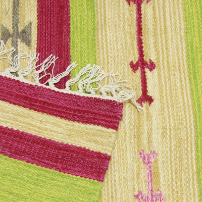 Wool dhurrie rug, 'Cherry Lime Geometry' (4x6) - Wool dhurrie rug (4x6)