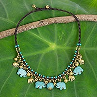 Waterfall necklace, 'Blue Elephant Charm'