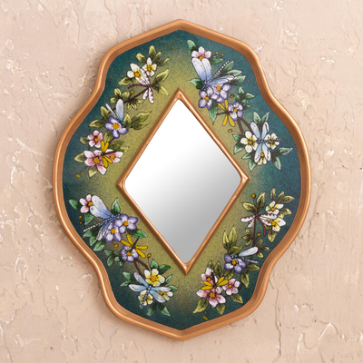 Reverse painted glass mirror, 'Green Summer Garden' - Unique Glass Butterfly Mirror in Limpet Shell Green