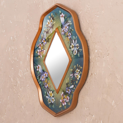 Reverse painted glass mirror, 'Green Summer Garden' - Unique Glass Butterfly Mirror in Limpet Shell Green