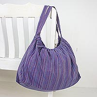 Cotton hobo bag, 'Striped Way in Blue' - Handmade 100% Cotton Striped Shoulder Bag from Thailand