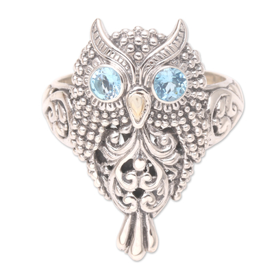 Gold-accented blue topaz cocktail ring, 'Brilliant Owl' - Artisan Crafted Blue Topaz Ring