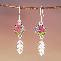 Sterling silver earrings, 'Anahuac Red' - Sterling Silver and Dried Flower Dangle Earrings from Mexico