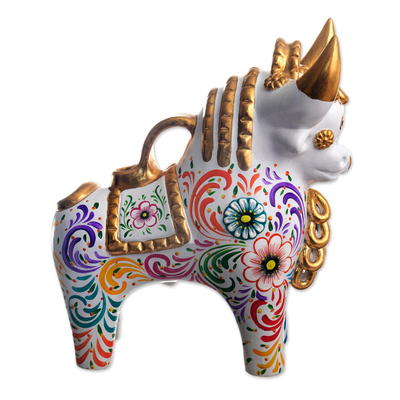 Escultura de cerámica - Escultura de toro floral blanco