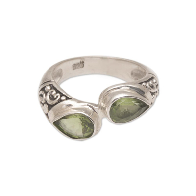 Peridot cocktail ring, 'Temple Tears' - Teardrop Peridot and Silver Cocktail Ring from Bali