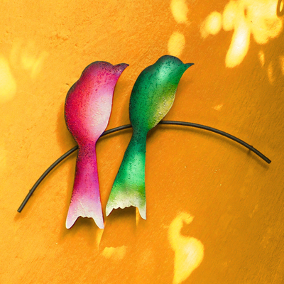 Escultura de pared de acero - Escultura de pared de acero de dos pájaros coloridos de México