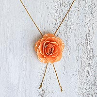 Natural rose lariat necklace, 'Garden Rose in Peach' - Peach Rose Lariat Style Necklace from Thailand