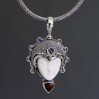 Garnet and moonstone pendant necklace, 'Princess Aura' - Garnet and Bone Silver Pendant Necklace
