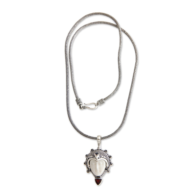 Garnet and moonstone pendant necklace, 'Princess Aura' - Garnet and Bone Silver Pendant Necklace