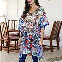 Embellished caftan, 'Glamour Girl' - Beaded Indian Caftan with Geometric Print