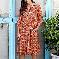 Embroidered cotton dress, 'Red Dreams' - Hand Embroidered Cotton Knee-Length Dress