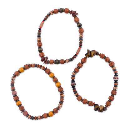 Tiger's eye and ceramic beaded bracelets, 'Andean Temples' (set of 3) - Set of 3 Tiger's Eye and Ceramic Beaded Bracelets from Peru
