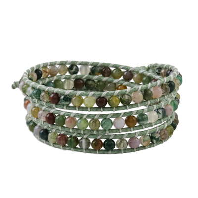 Agate beadedwrap bracelet, 'Stroll Through Nature' - Unisex Agate Bead and Karen Silver Button Wrap Bracelet