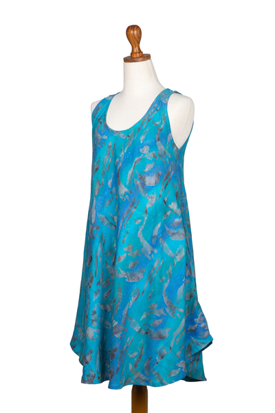 Vestido de rayón Batik, 'Pétalos abstractos' - Vestido sin mangas de rayón Batik indonesio en tonos azules