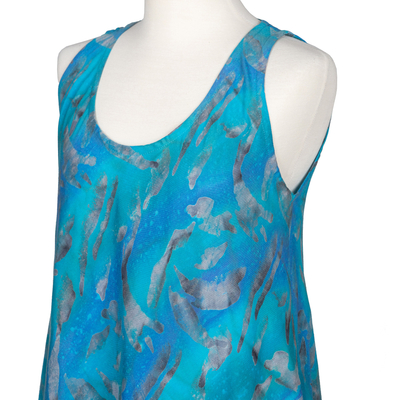 Vestido de rayón Batik, 'Pétalos abstractos' - Vestido sin mangas de rayón Batik indonesio en tonos azules