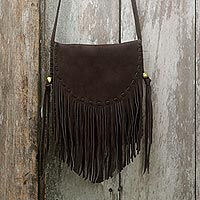 Suede fringe shoulder bag, 'Espresso Mischief' - Bohemian Style Espresso Brown Suede Fringe Shoulder Bag
