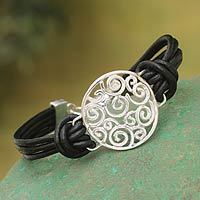 Sterling silver and leather cord bracelet, 'Moonbeams' - Handcrafted Modern 925 Silver and Black Leather Bracelet