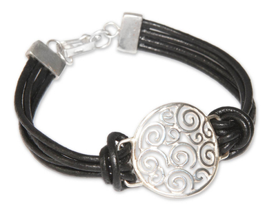 Sterling silver and leather cord bracelet, 'Moonbeams' - Handcrafted Modern 925 Silver and Black Leather Bracelet