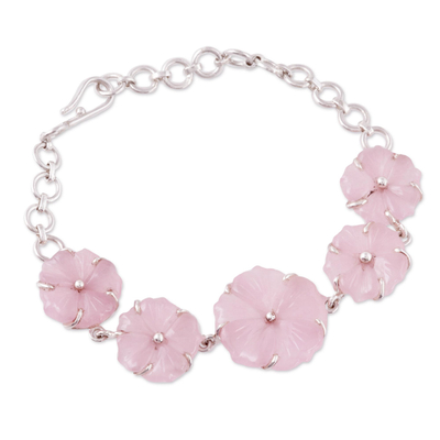 Collar de eslabones de cuarzo, 'Soft Pink Blossoms' - Pulsera de eslabones florales de cuarzo rosa de la India