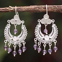Amethyst filigree earrings, 'Lilac Showers' - Hand Crafted Fine Silver Amethyst Earrings