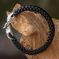 Men's leather and sterling silver bracelet, 'Tribal Strength' - Fair Trade Men's Leather Bracelet with Sterling Silver Clasp