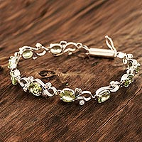 Peridot link bracelet, 'Endless Garden' - Peridot and Sterling Silver Garden Motif Link Bracelet
