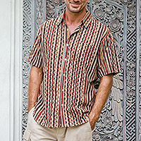 Men's block-printed cotton shirt, 'Traditional Stripes' - Men's Short-Sleeve Block-Printed Shirt