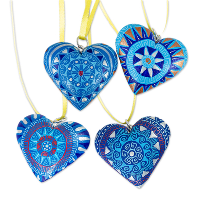 4 Zapotec Hand Painted Blue Wood Heart Ornaments