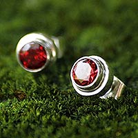 Garnet stud earrings, 'Red Simplicity' - Genuine Garnet and Sterling Silver Stud Earrings from Bali
