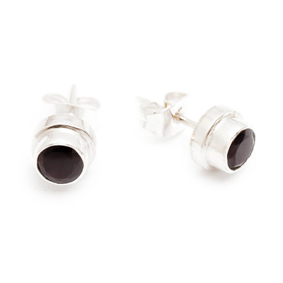 Garnet stud earrings, 'Red Simplicity' - Genuine Garnet and Sterling Silver Stud Earrings from Bali