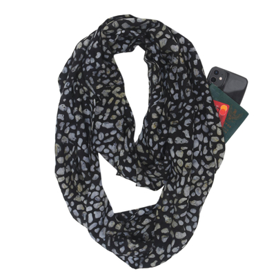 Rayon batik infinity scarf, 'Pebbled Beach' - Hand-Stamped Rayon Infinity Scarf