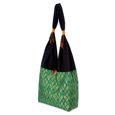 Cotton sling tote bag, 'Thai Emerald' - Hand Crafted Cotton Shoulder Bag 