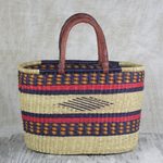 Leather accented raffia tote bag, 'Kite Basket' - Hand Woven Raffia Natural Fiber Tote with Leather Strap