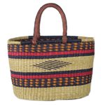 Leather accented raffia tote bag, 'Kite Basket' - Hand Woven Raffia Natural Fiber Tote with Leather Strap