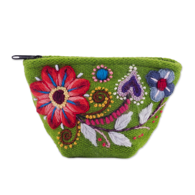 Alpaca blend coin purse, 'Spring Green Shopper' - Green Floral Embroidered Alpaca Blend Coin Purse from Peru