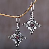 Garnet dangle earrings, 'Four-Pointed Stars' - Sterling Silver Garnet Dangle Earrings from Indonesia