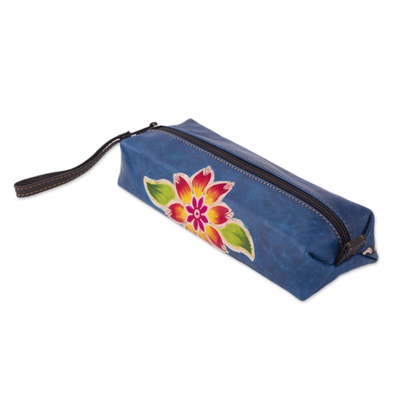 Leather makeup case, 'Cusco Sky' - Blue Leather Makeup Case with Hand Painted Flower