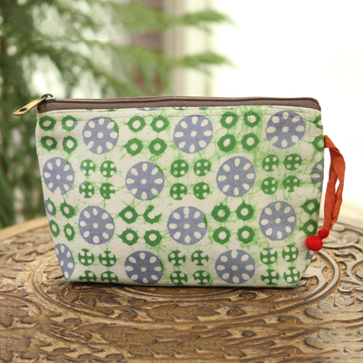 Batik cotton cosmetic bag, 'Creative Beauty in White' - Block-Printed Batik Cotton Cosmetic Bag in White from India