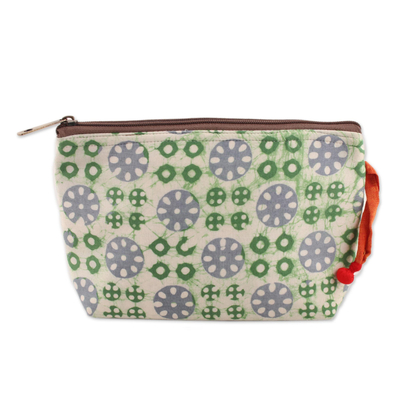 Batik cotton cosmetic bag, 'Creative Beauty in White' - Block-Printed Batik Cotton Cosmetic Bag in White from India