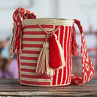 Hand-crocheted bucket bag, 'Colombian Rose' - Red and Pink Crocheted Shoulder Bag