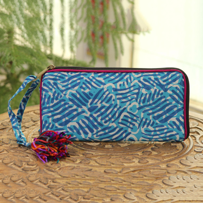 Batik cotton wallet, 'Creative Design in Azure' - Wave Motif Batik Cotton Wallet in Azure from India